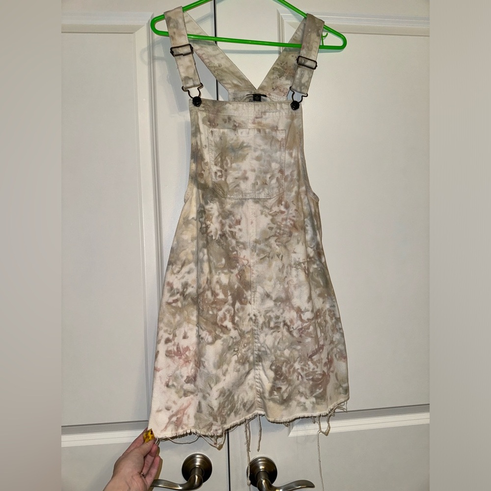 Neutral beige ombre tie dye overall denim mini dress skirtall / short tail